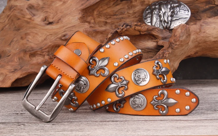 Brand Designer Metal Rivet Cowboy Belt Top Grain 100% Genuine Leather Cowskin Men Belt Punk Rivet Jeans Belts For Men