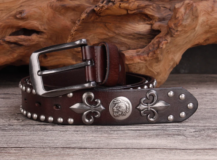 Brand Designer Metal Rivet Cowboy Belt Top Grain 100% Genuine Leather Cowskin Men Belt Punk Rivet Jeans Belts For Men