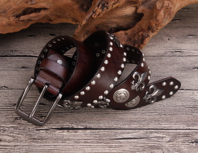 Brand Designer Metal Rivet Cowboy Belt Top Grain 100% Genuine Leather Cowskin Men Belt Punk Rivet Jeans Belts For Men