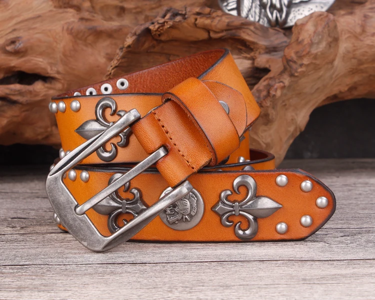 Brand Designer Metal Rivet Cowboy Belt Top Grain 100% Genuine Leather Cowskin Men Belt Punk Rivet Jeans Belts For Men