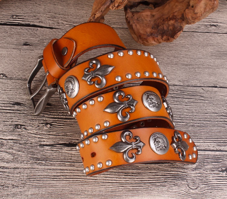 Brand Designer Metal Rivet Cowboy Belt Top Grain 100% Genuine Leather Cowskin Men Belt Punk Rivet Jeans Belts For Men