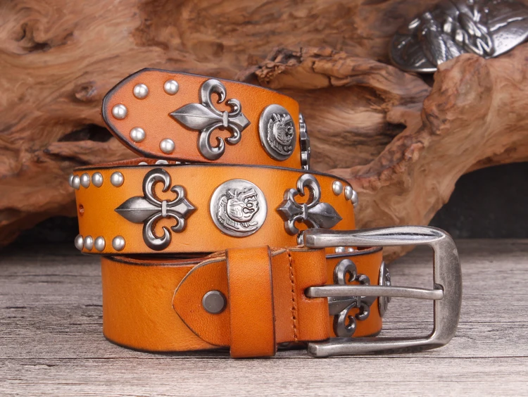 Brand Designer Metal Rivet Cowboy Belt Top Grain 100% Genuine Leather Cowskin Men Belt Punk Rivet Jeans Belts For Men