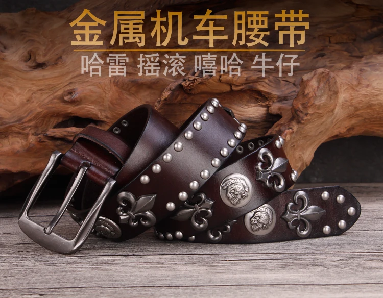 Brand Designer Metal Rivet Cowboy Belt Top Grain 100% Genuine Leather Cowskin Men Belt Punk Rivet Jeans Belts For Men