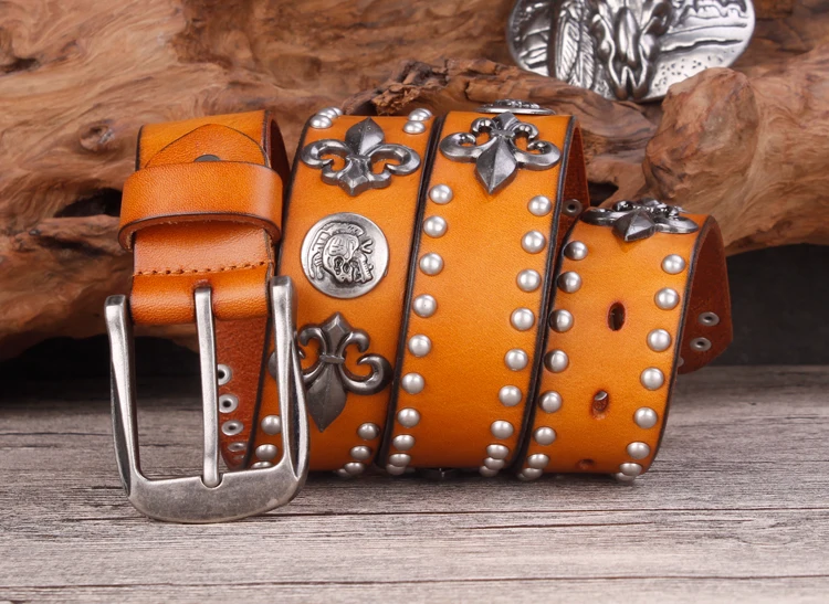 Brand Designer Metal Rivet Cowboy Belt Top Grain 100% Genuine Leather Cowskin Men Belt Punk Rivet Jeans Belts For Men