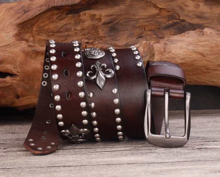 Brand Designer Metal Rivet Cowboy Belt Top Grain 100% Genuine Leather Cowskin Men Belt Punk Rivet Jeans Belts For Men