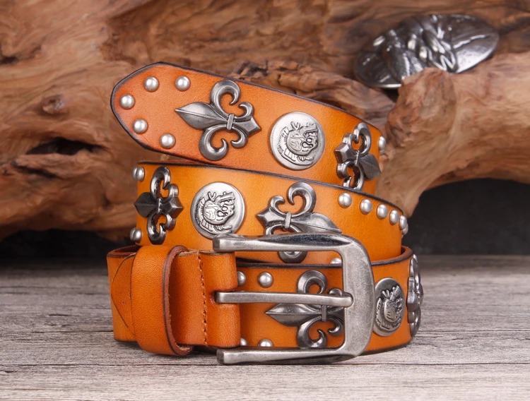 Brand Designer Metal Rivet Cowboy Belt Top Grain 100% Genuine Leather Cowskin Men Belt Punk Rivet Jeans Belts For Men