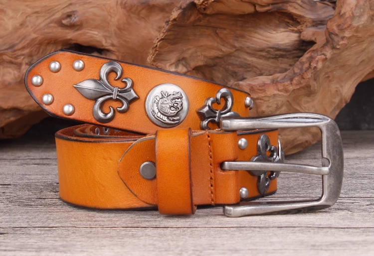 Brand Designer Metal Rivet Cowboy Belt Top Grain 100% Genuine Leather Cowskin Men Belt Punk Rivet Jeans Belts For Men