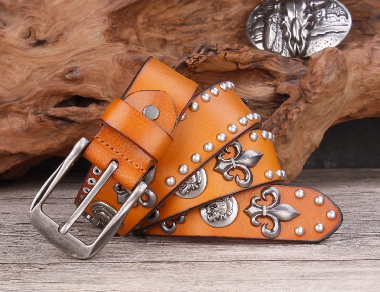 Brand Designer Metal Rivet Cowboy Belt Top Grain 100% Genuine Leather Cowskin Men Belt Punk Rivet Jeans Belts For Men