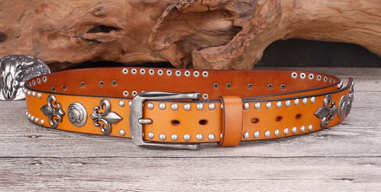 Brand Designer Metal Rivet Cowboy Belt Top Grain 100% Genuine Leather Cowskin Men Belt Punk Rivet Jeans Belts For Men
