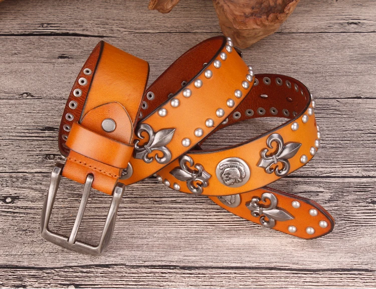 Brand Designer Metal Rivet Cowboy Belt Top Grain 100% Genuine Leather Cowskin Men Belt Punk Rivet Jeans Belts For Men