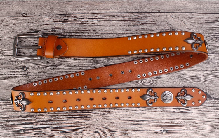 Brand Designer Metal Rivet Cowboy Belt Top Grain 100% Genuine Leather Cowskin Men Belt Punk Rivet Jeans Belts For Men