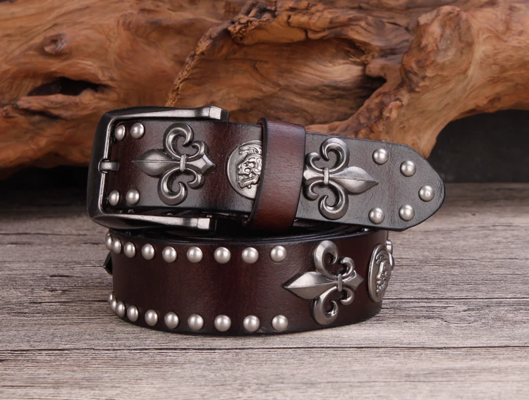 Brand Designer Metal Rivet Cowboy Belt Top Grain 100% Genuine Leather Cowskin Men Belt Punk Rivet Jeans Belts For Men