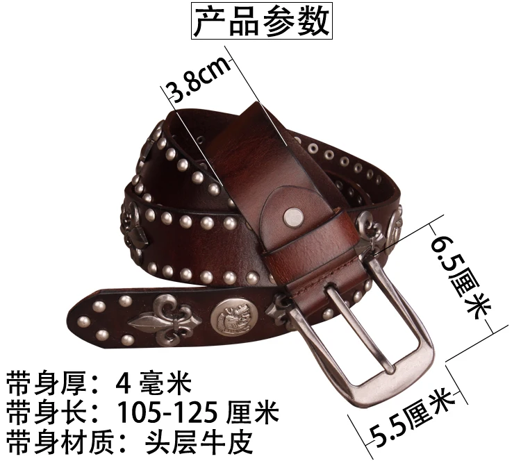 Brand Designer Metal Rivet Cowboy Belt Top Grain 100% Genuine Leather Cowskin Men Belt Punk Rivet Jeans Belts For Men