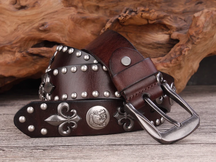 Brand Designer Metal Rivet Cowboy Belt Top Grain 100% Genuine Leather Cowskin Men Belt Punk Rivet Jeans Belts For Men
