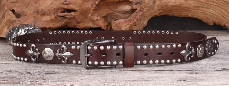 Brand Designer Metal Rivet Cowboy Belt Top Grain 100% Genuine Leather Cowskin Men Belt Punk Rivet Jeans Belts For Men