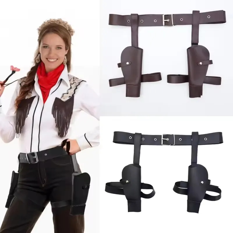 Adult Vintage PU Leather Waist Cover Lara Cosplay Holster Western Denim Belt Role-Playing Guns Holder Halloween Prop Accessories