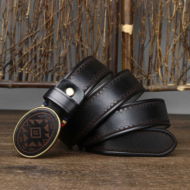 3.8CM Men High Quality Genuine Leather Belt Luxury Smooth Buckle Belts Pure Cowskin Laser Engraving Strap Male Jeans for Man