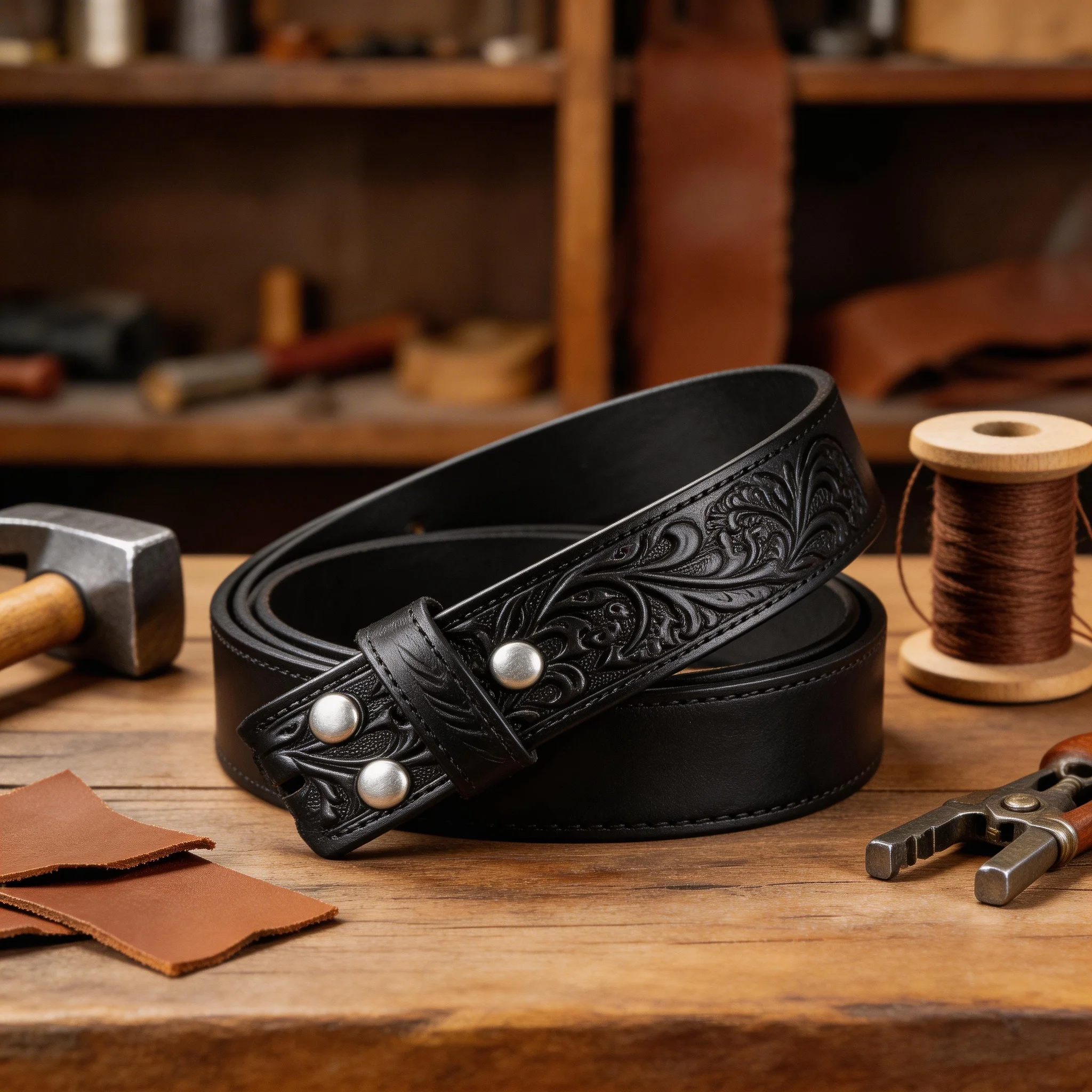 Western Style Tooled Leather Belt Strap - Buckleless Design for Customizable Fit