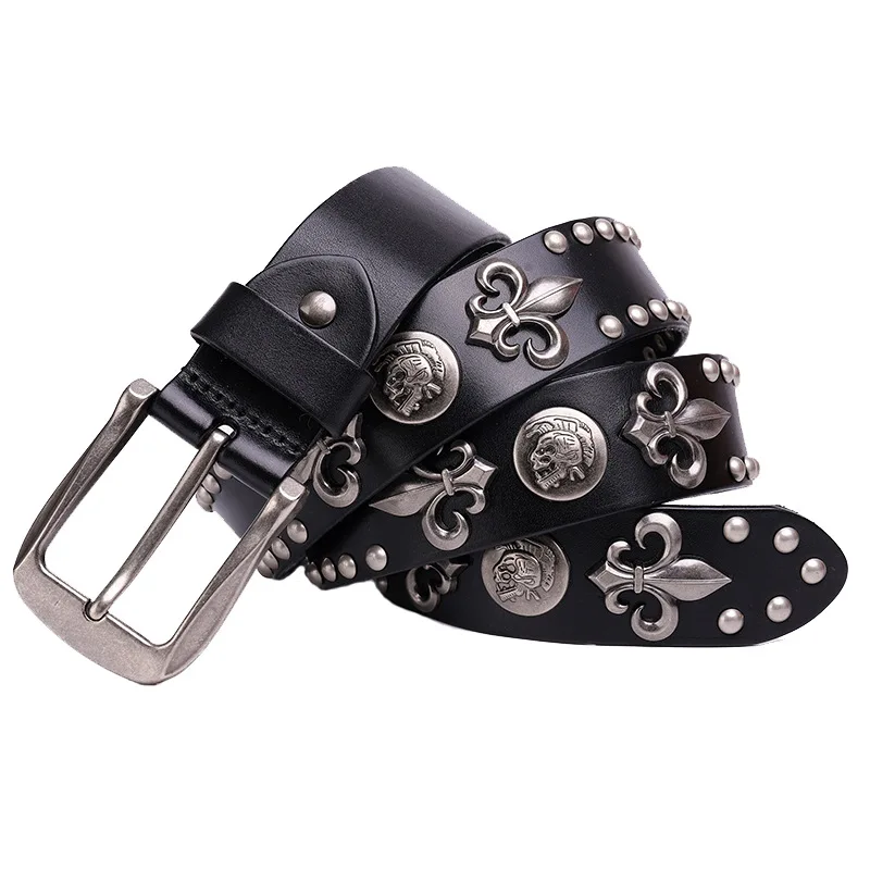 Metal Rivet Cowboy Belt Genuine Leather Cowskin Men Belt Punk Rivet Jeans Belts For Men Ceinture Homme Cinturones Hombre