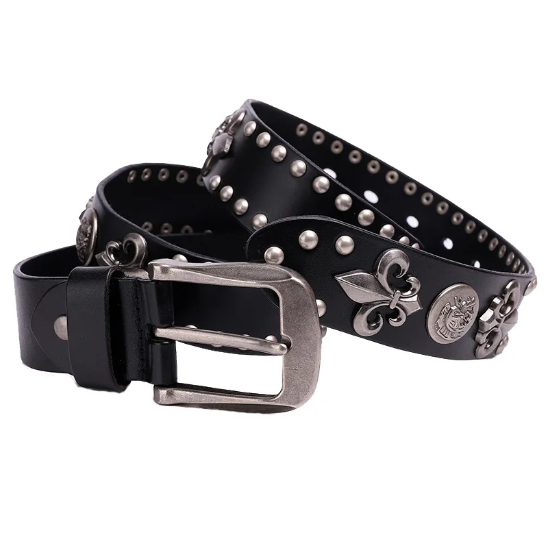 Metal Rivet Cowboy Belt Genuine Leather Cowskin Men Belt Punk Rivet Jeans Belts For Men Ceinture Homme Cinturones Hombre