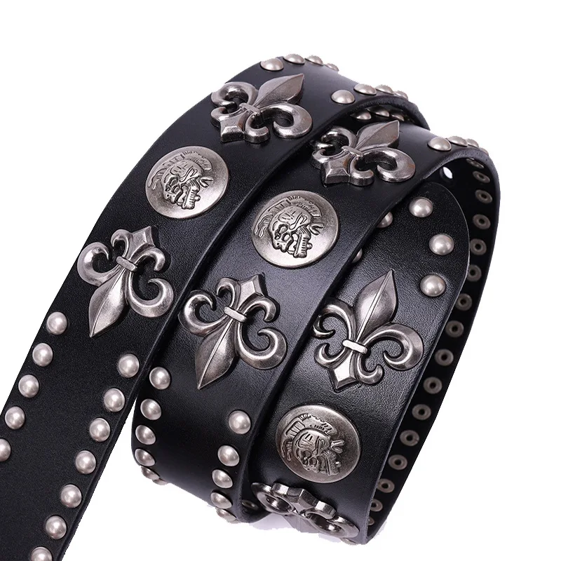 Metal Rivet Cowboy Belt Genuine Leather Cowskin Men Belt Punk Rivet Jeans Belts For Men Ceinture Homme Cinturones Hombre