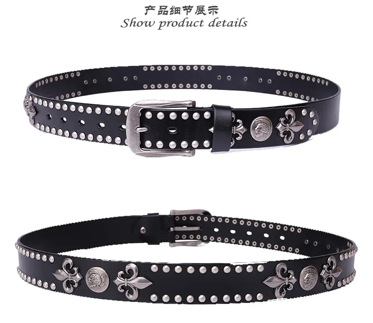 Metal Rivet Cowboy Belt Genuine Leather Cowskin Men Belt Punk Rivet Jeans Belts For Men Ceinture Homme Cinturones Hombre