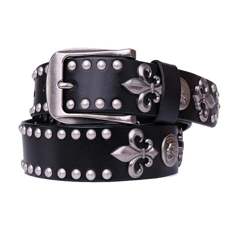Metal Rivet Cowboy Belt Genuine Leather Cowskin Men Belt Punk Rivet Jeans Belts For Men Ceinture Homme Cinturones Hombre