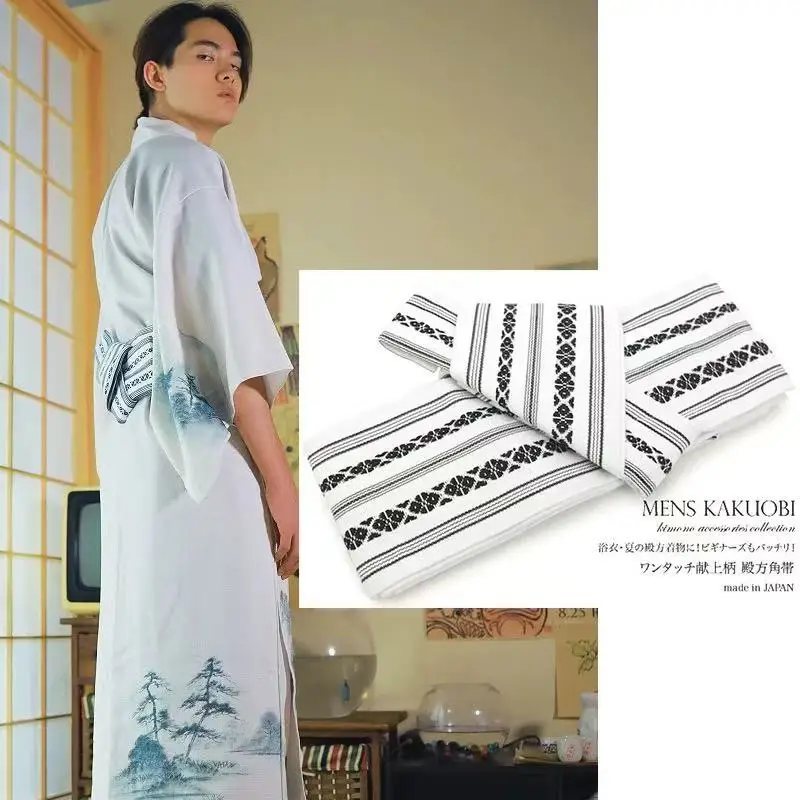 Japanese Kimono Obi Belt Men Jacquard Corner Belt with Waist Seal Shape Yukata Wabi-sabi Waistband Cotton Accessories