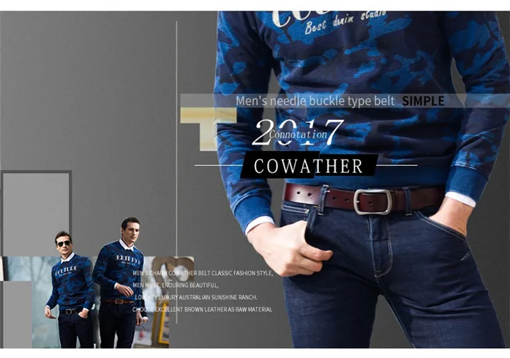 COWATHER cowhide genuine leather belts for men brand Strap male pin buckle vintage jeans belt 100-150 cm long waist 30-52 XF001
