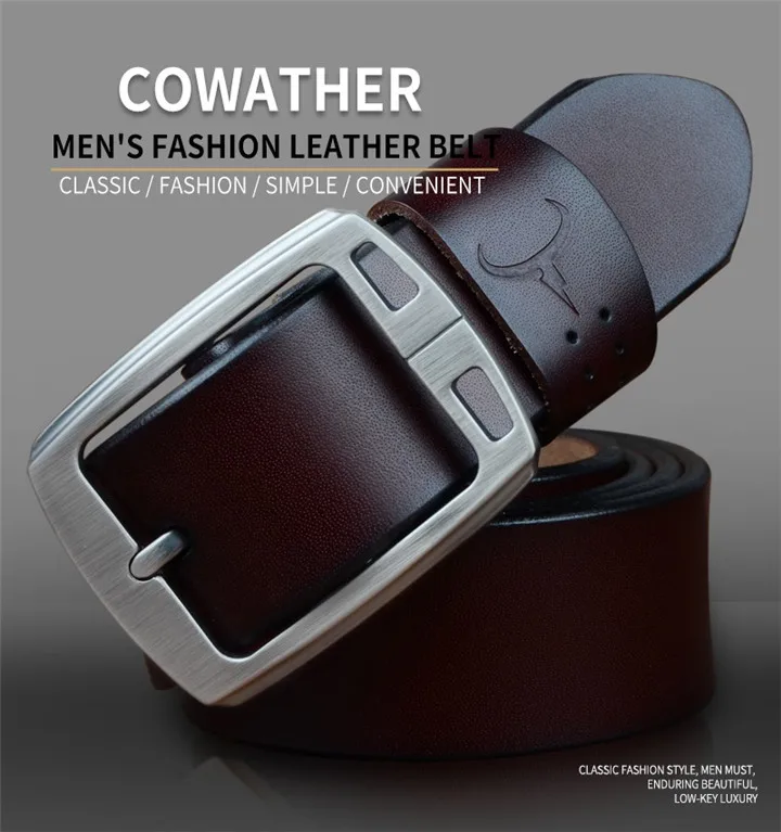 COWATHER cowhide genuine leather belts for men brand Strap male pin buckle vintage jeans belt 100-150 cm long waist 30-52 XF001