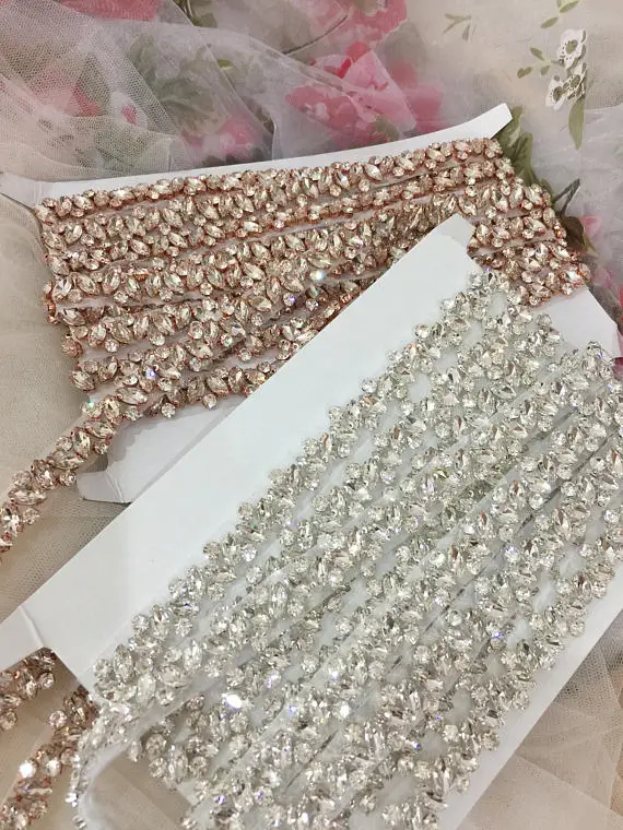 JLZXSY Fashion Half Yard Silver Gold Rhinestone Crystal Trim For Wedding Belt Bridal Sash Bridesmaids Belt Rhinestone Hairband