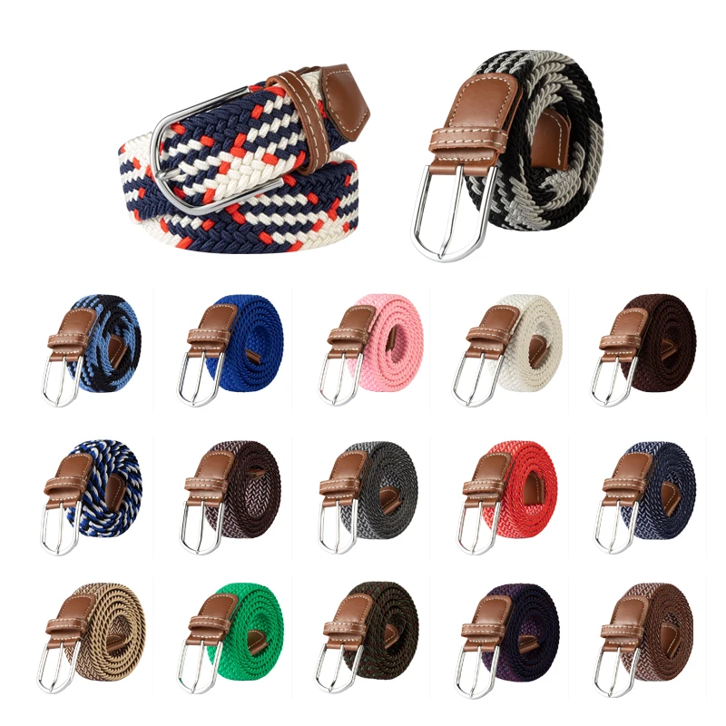 107/120/130cm Unisex Elastic Fabric Woven Casual Belt Pin Buckle Expandable Braided Stretch Canvas Leisure Belts for Men Women
