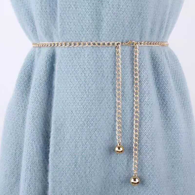 Metal Ball Pendant Waist Chain Women Thin Belt Gold Sliver Color Long Girdle Female Strap For Dress Skirt Decorative Waistband