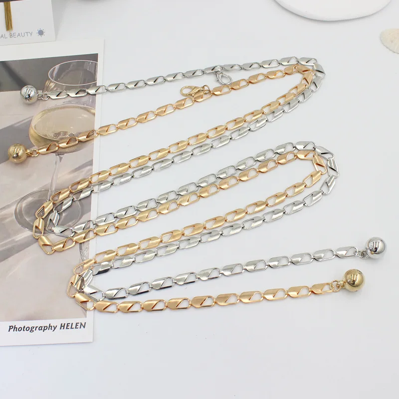 Metal Ball Pendant Waist Chain Women Thin Belt Gold Sliver Color Long Girdle Female Strap For Dress Skirt Decorative Waistband