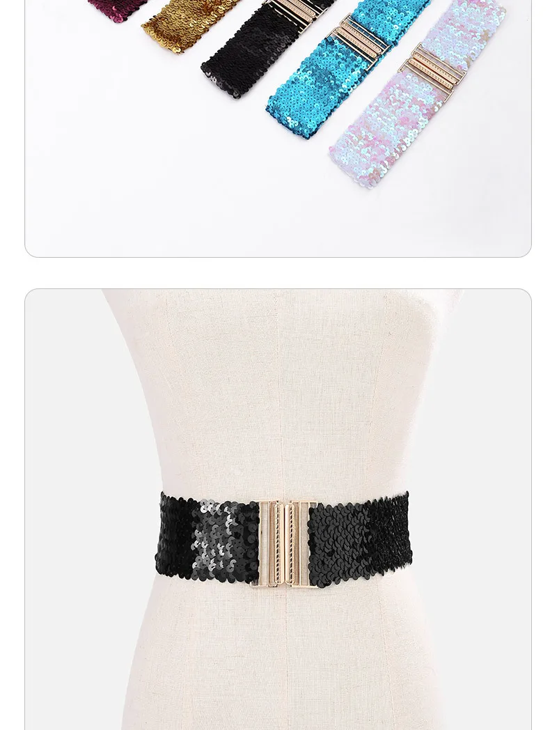 Sequin Elastic Glitter Belt Women's Corset Wide Waist Belt Metal Buckle Waistband Decorative Corset Strap Party Dress Accessorie
