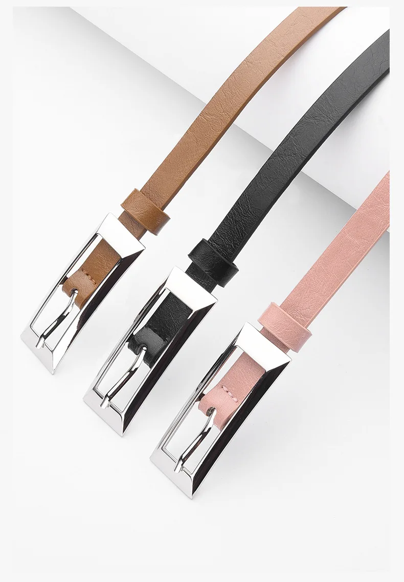1.4x106cm Trendy PU Leather Belt Silver Metal Buckle Casual Pin Buckle Waistband Rectangular Waist Strap Women