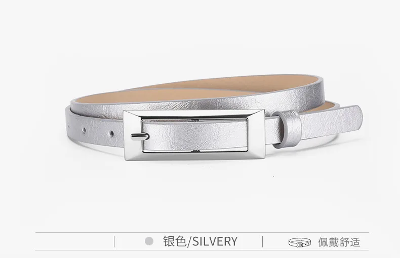 1.4x106cm Trendy PU Leather Belt Silver Metal Buckle Casual Pin Buckle Waistband Rectangular Waist Strap Women