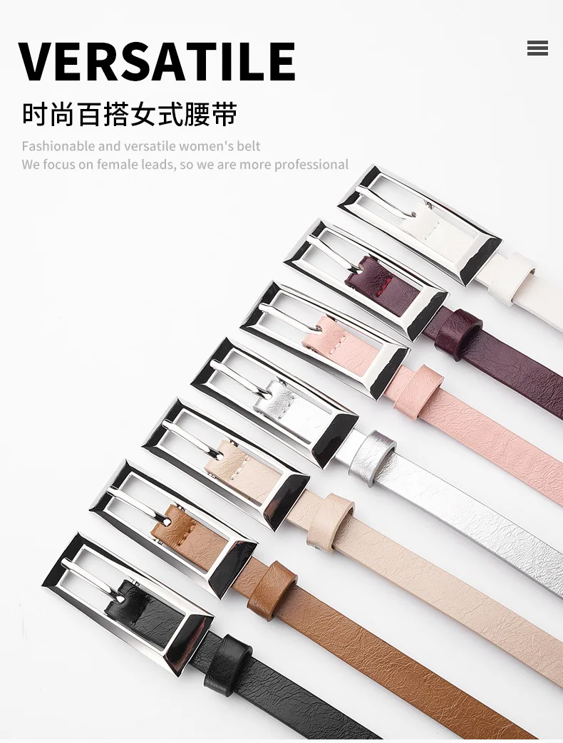 1.4x106cm Trendy PU Leather Belt Silver Metal Buckle Casual Pin Buckle Waistband Rectangular Waist Strap Women