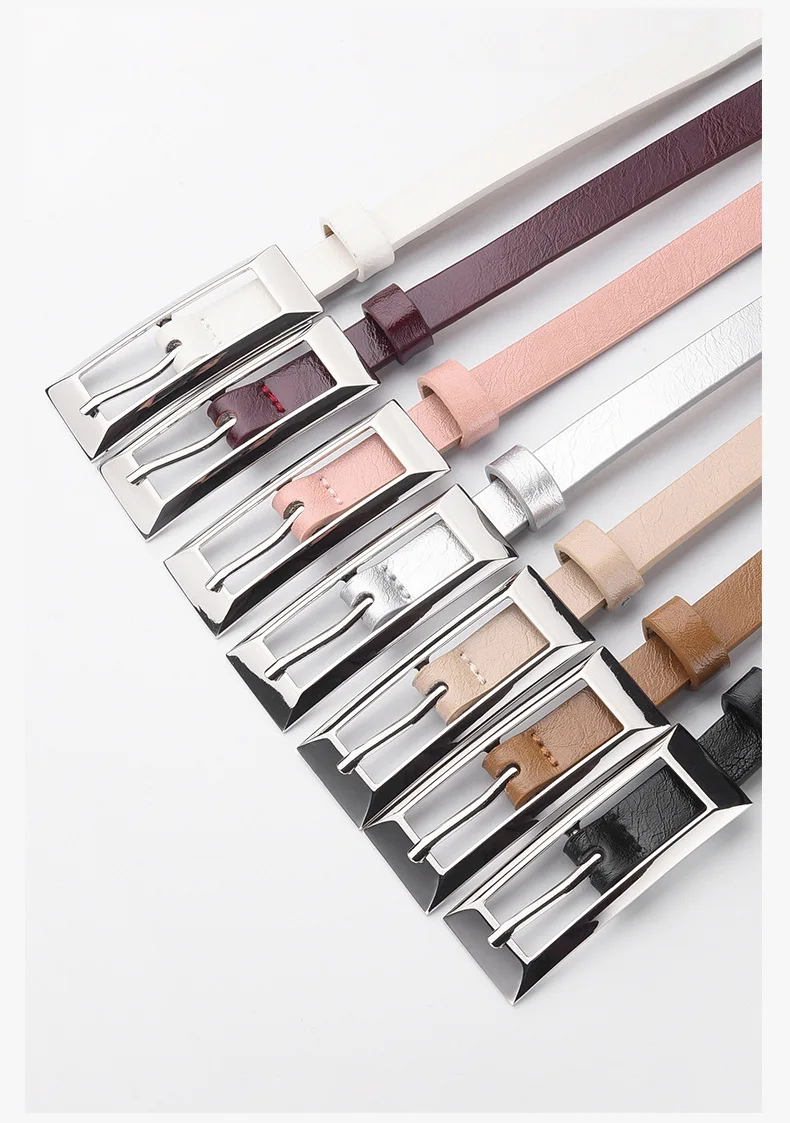 1.4x106cm Trendy PU Leather Belt Silver Metal Buckle Casual Pin Buckle Waistband Rectangular Waist Strap Women