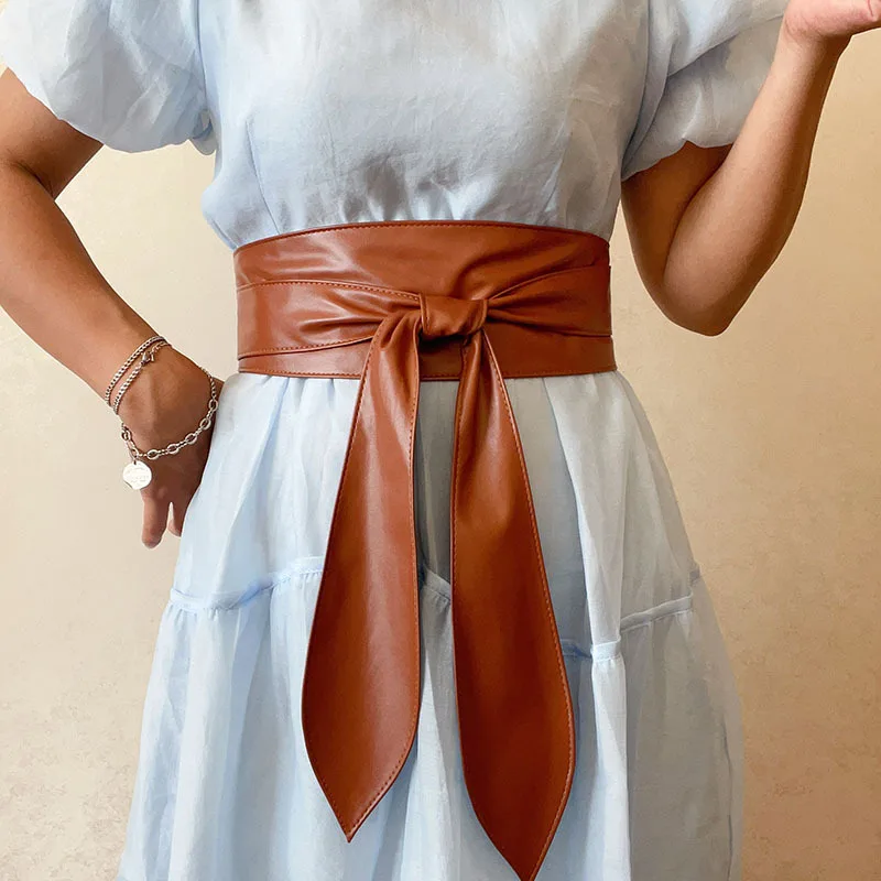 10x230cm Black Bowknot Belt Lace Up Tied Knot Corset PU Wide Belts Waistband Elegant Dress Coat Girdle For Women