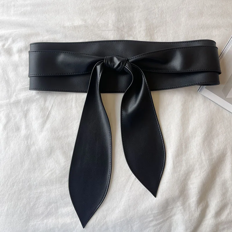 10x230cm Black Bowknot Belt Lace Up Tied Knot Corset PU Wide Belts Waistband Elegant Dress Coat Girdle For Women