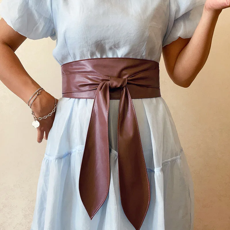 10x230cm Black Bowknot Belt Lace Up Tied Knot Corset PU Wide Belts Waistband Elegant Dress Coat Girdle For Women