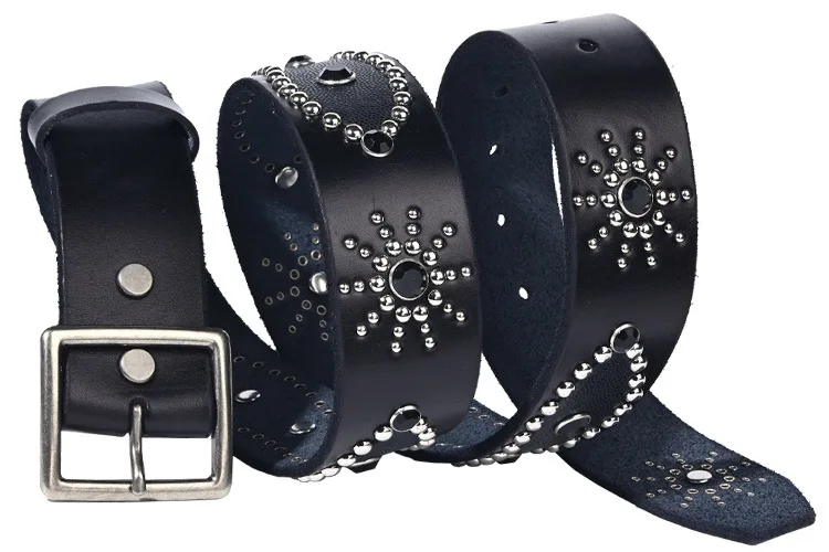 Men's Fashion 4.5cm Wide Genuine Leather Belt First Layer Cowhide Imitation Turquoise Inlay Rivet Punk Belt For Jeans