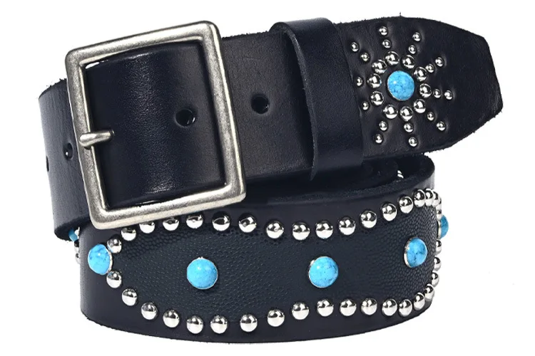 Men's Fashion 4.5cm Wide Genuine Leather Belt First Layer Cowhide Imitation Turquoise Inlay Rivet Punk Belt For Jeans