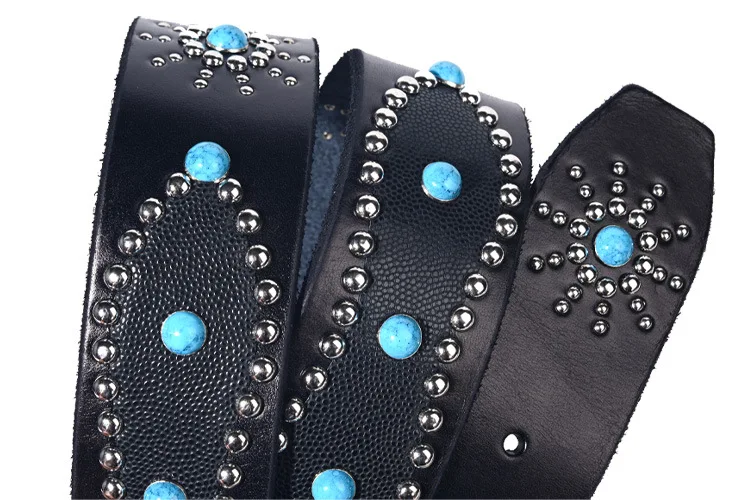 Men's Fashion 4.5cm Wide Genuine Leather Belt First Layer Cowhide Imitation Turquoise Inlay Rivet Punk Belt For Jeans