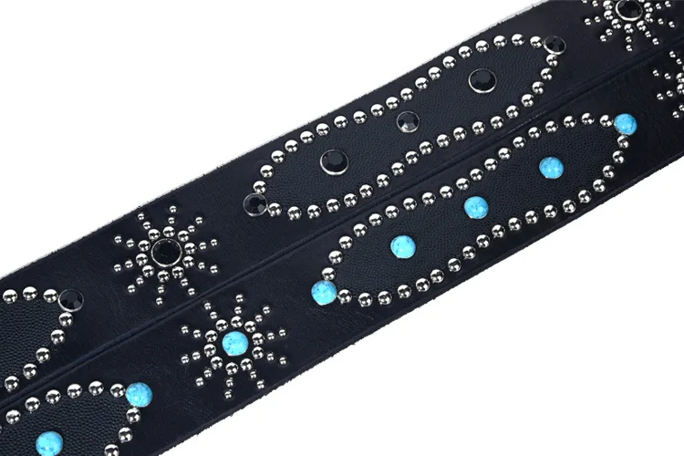 Men's Fashion 4.5cm Wide Genuine Leather Belt First Layer Cowhide Imitation Turquoise Inlay Rivet Punk Belt For Jeans