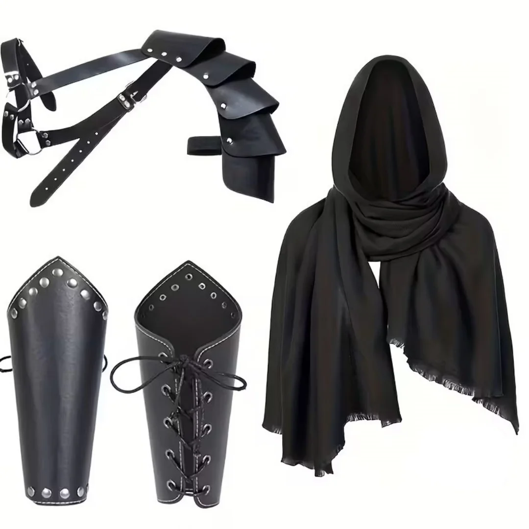 1/4PCS Men Vintage Medieval Knight Hooded Cloak Scarf Renaissance Belt Wrist Guard Halloween Cosplay Costume Accessories Prop
