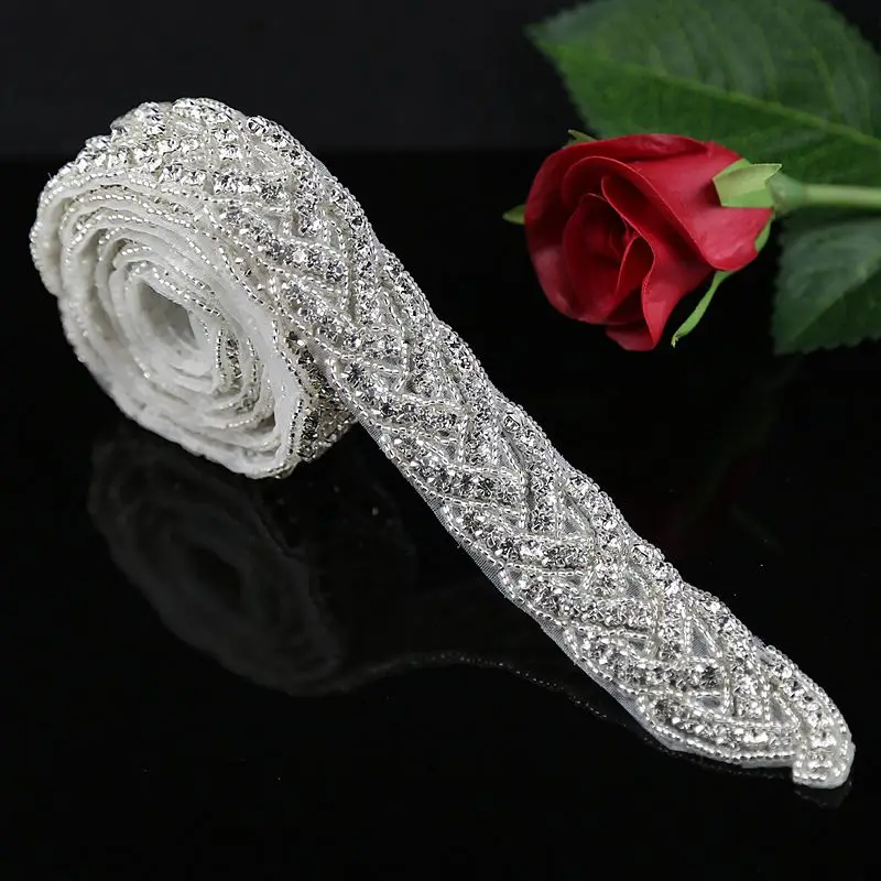 JLZXSY 1 Yard Crystal Rhinestone Trim, Applique, Bridal Applique, DIY Wedding Iron on Hot Fix Crystal Applique
