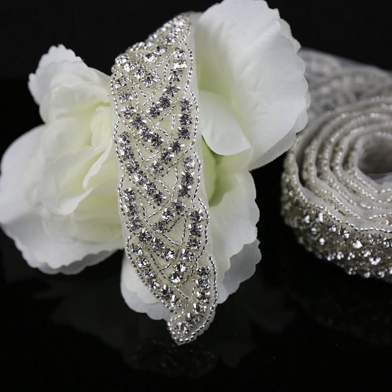 JLZXSY 1 Yard Crystal Rhinestone Trim, Applique, Bridal Applique, DIY Wedding Iron on Hot Fix Crystal Applique
