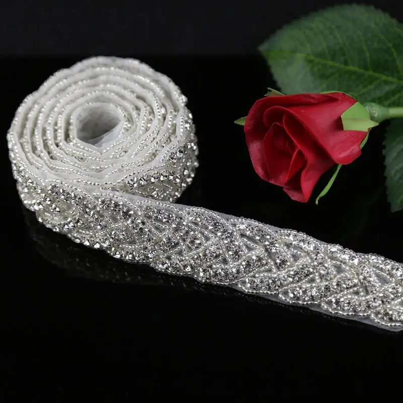 JLZXSY 1 Yard Crystal Rhinestone Trim, Applique, Bridal Applique, DIY Wedding Iron on Hot Fix Crystal Applique
